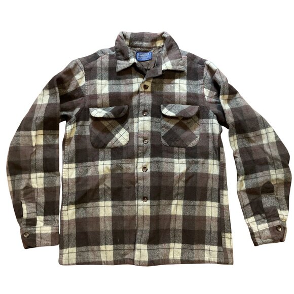 Vtg Pendleton Board Flannel Wool Plaid Loop Collar Shirt Sz L Brown Beige Surfer - Picture 1 of 4